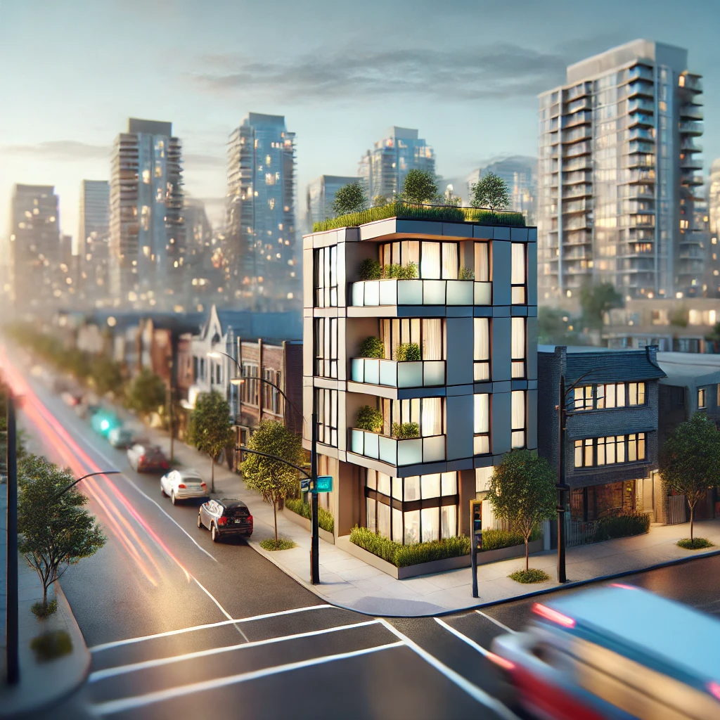 An artist 's impression of a building in a city