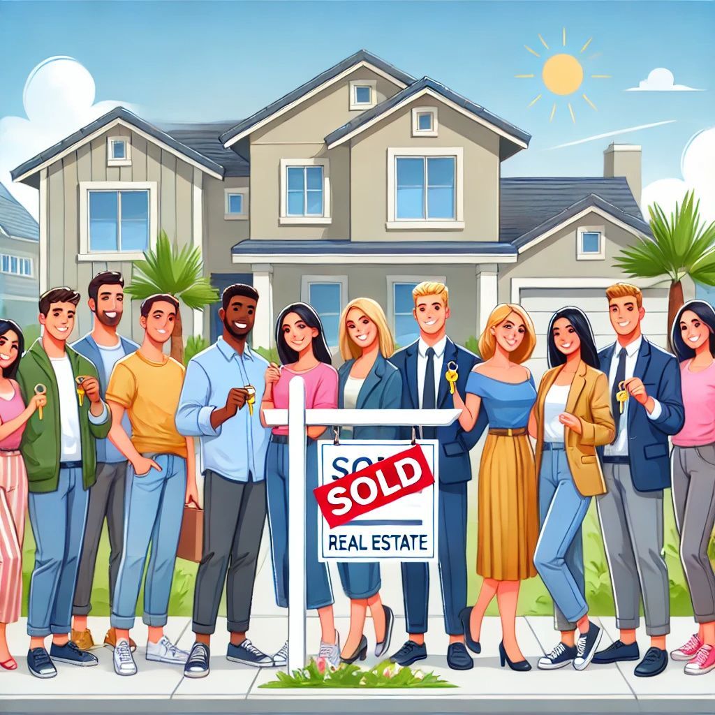 A group of people are standing in front of a house holding a sold sign.