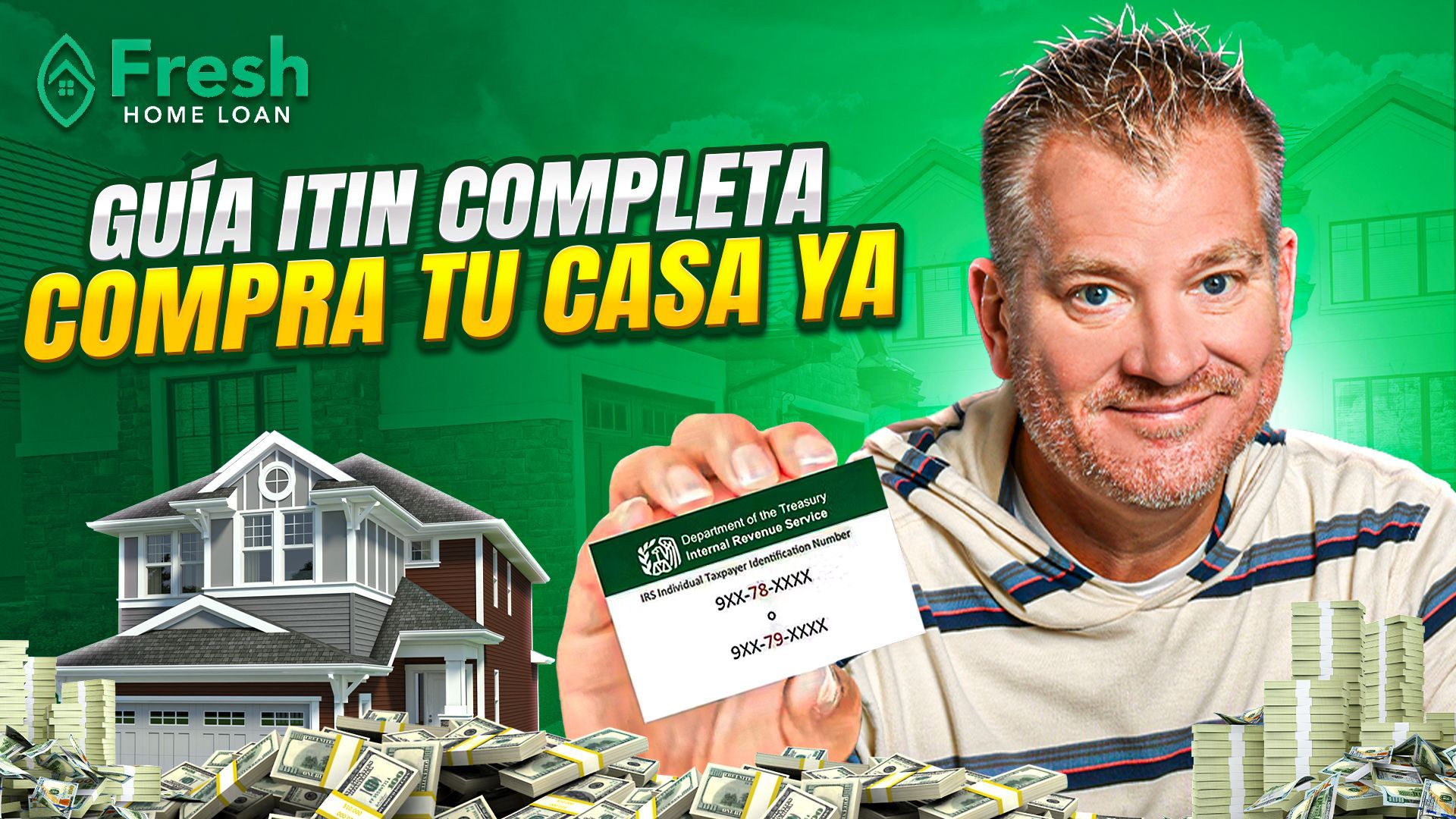 A man is holding a card in front of a house.