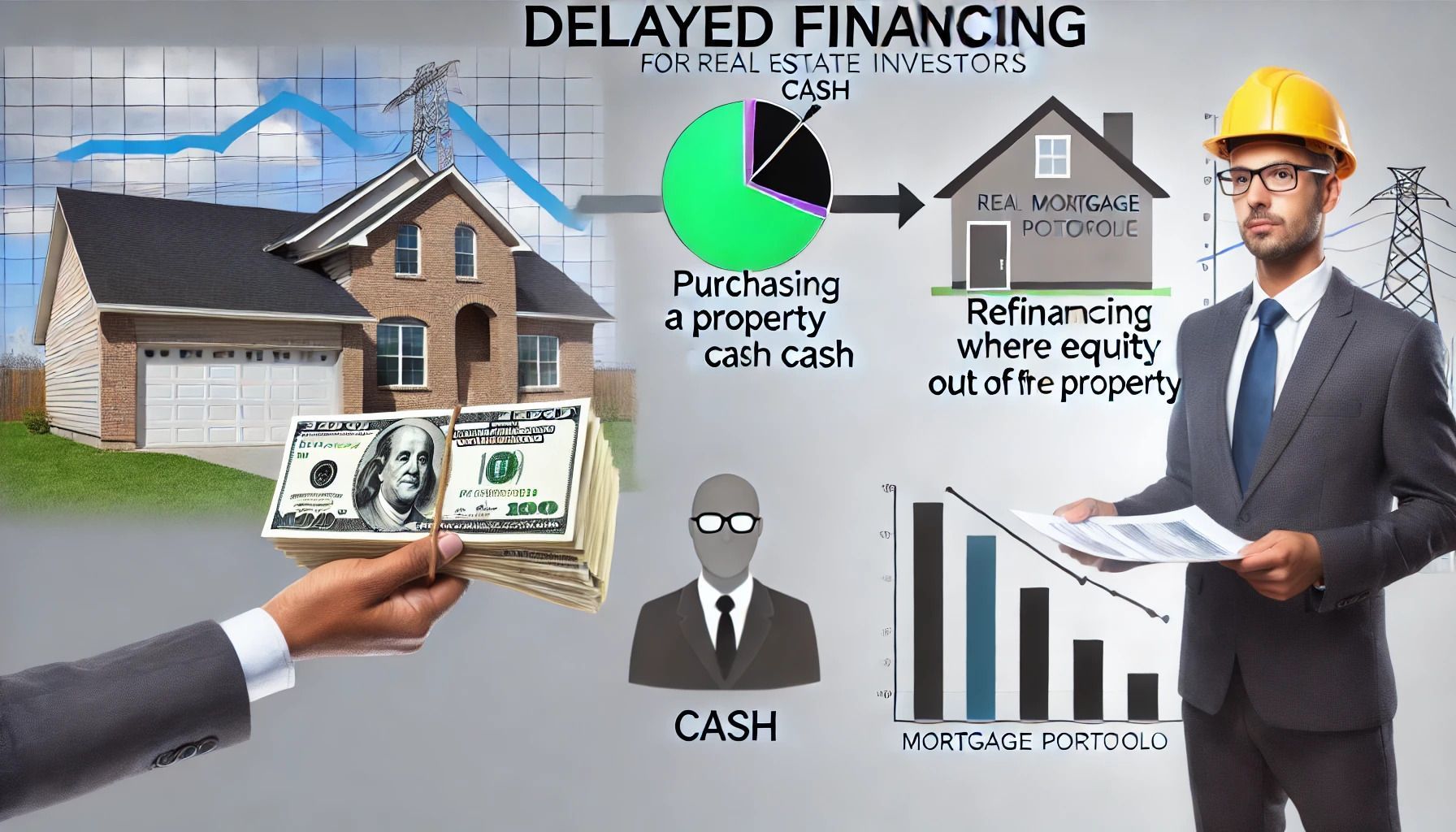 A man in a suit is holding a stack of money in front of a house.