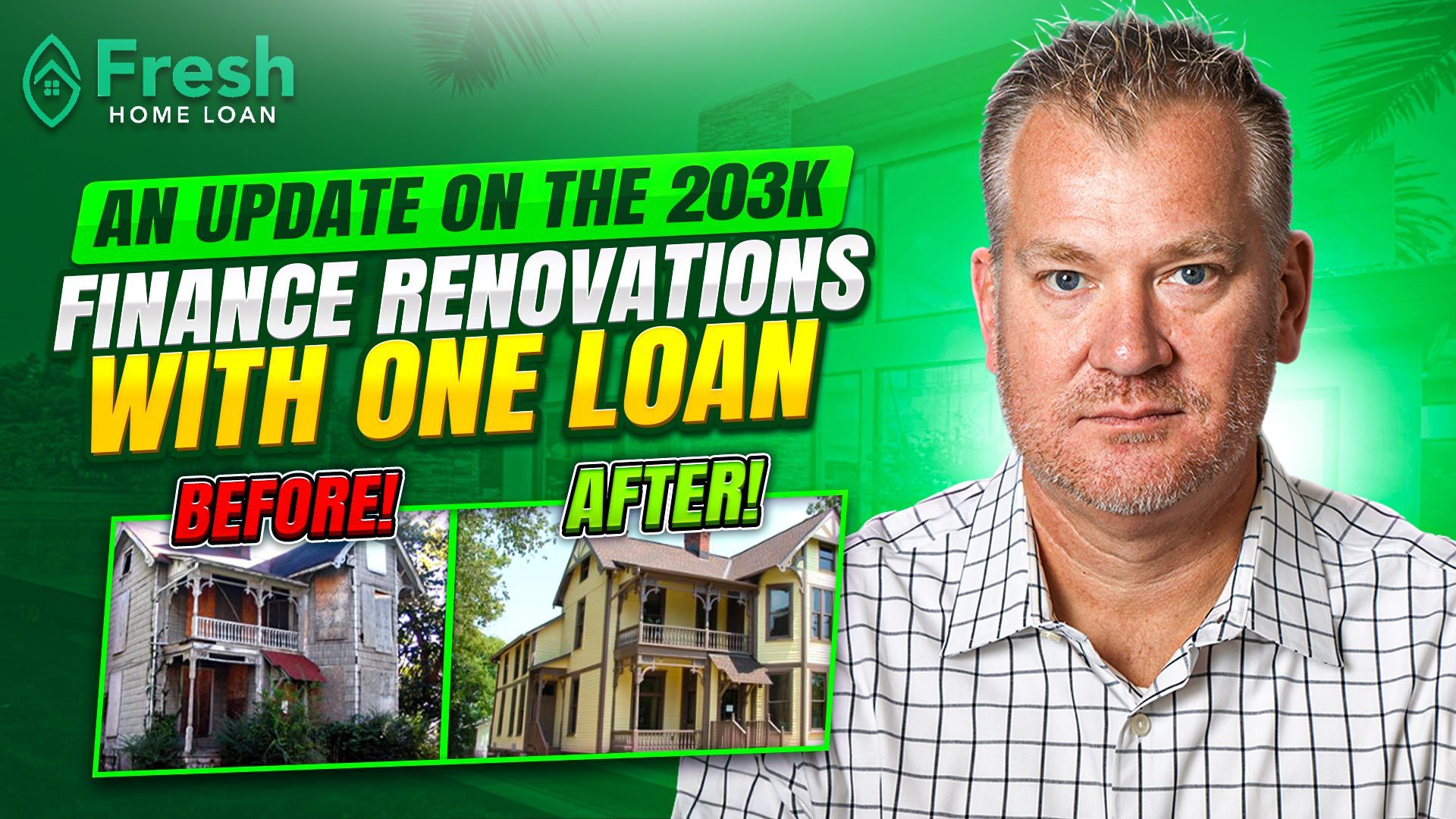 A man is standing in front of a before and after picture of a house.