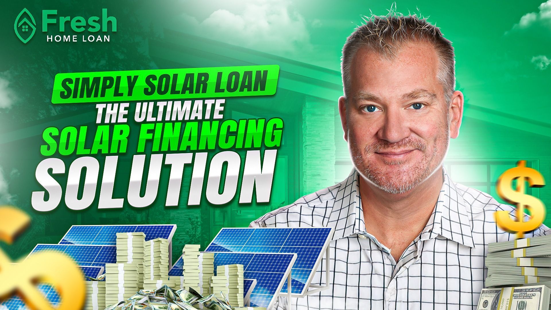 A man is holding a pile of money in front of a sign that says simply solar loan the ultimate solar financing solution.
