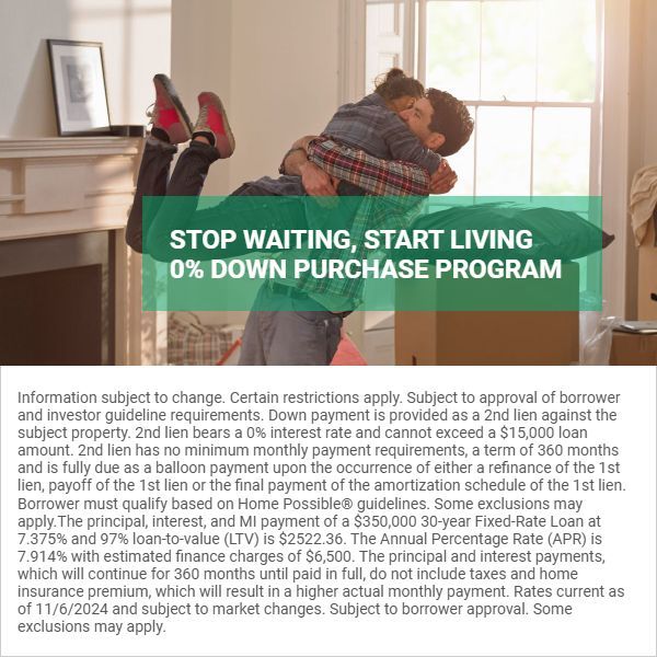 A man is holding a child in his arms and says stop waiting start living 0 % down purchase program