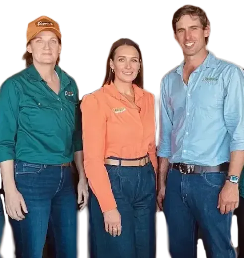 Three women wearing green shirts and jeans are posing for a picture
