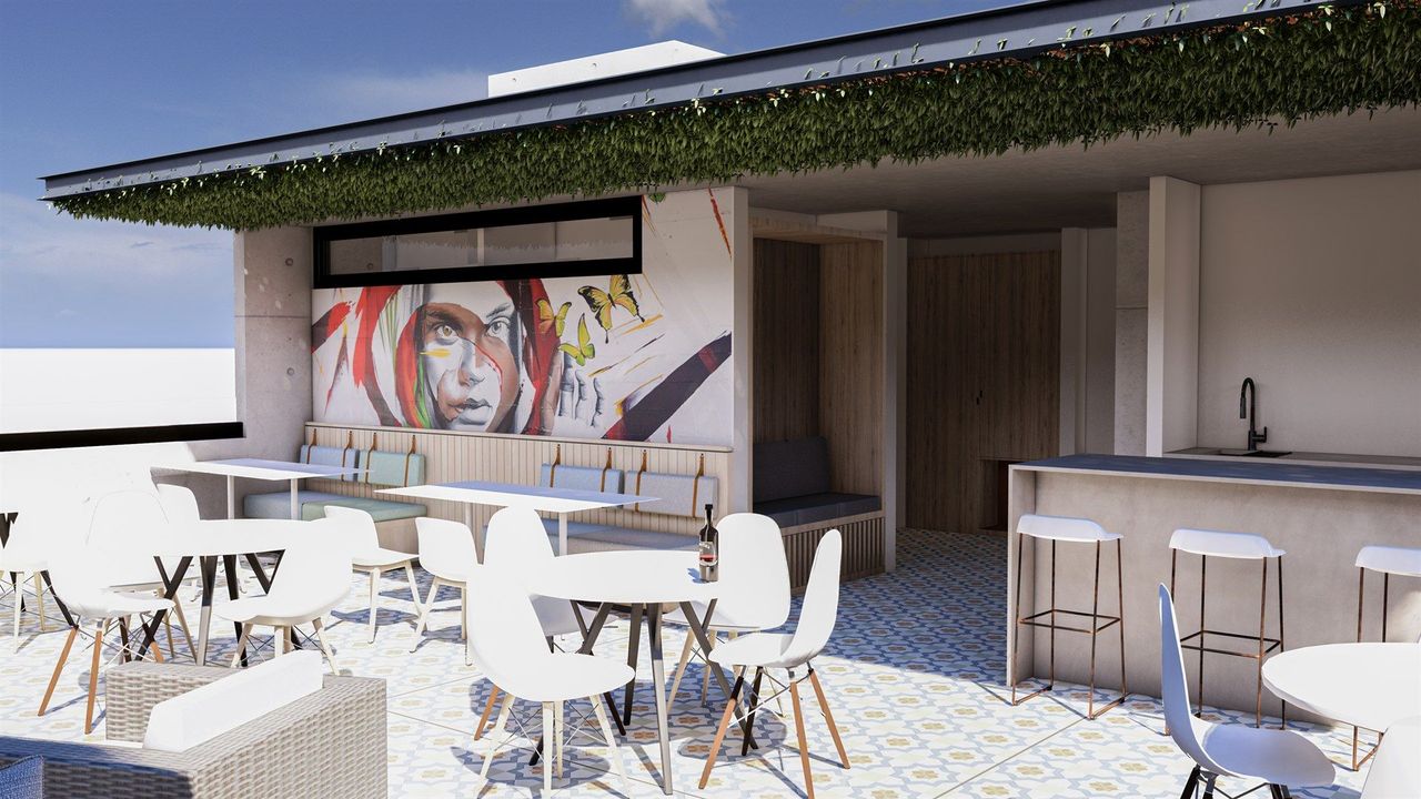 A rendering of a restaurant with tables and chairs and a mural on the wall.