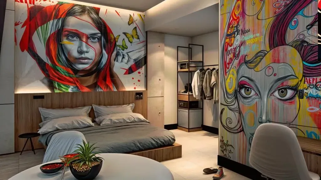 A bedroom with a bed , table , chairs and a mural on the wall.