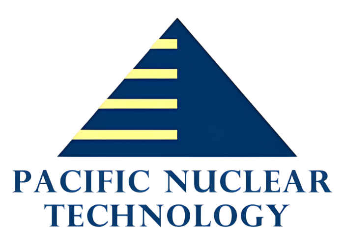 Logo of Pacific Nuclear Technology: a navy blue triangle with yellow horizontal lines inside, and text below.