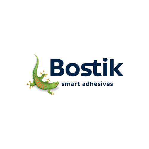 The logo for bostik smart adhesives has a lizard on it.