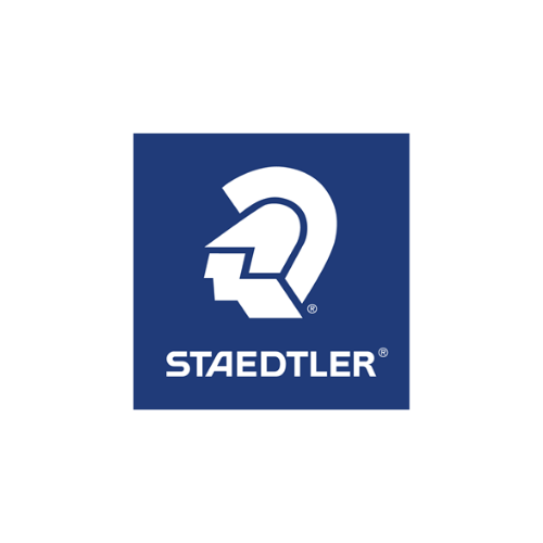 A blue and white staedtler logo on a white background