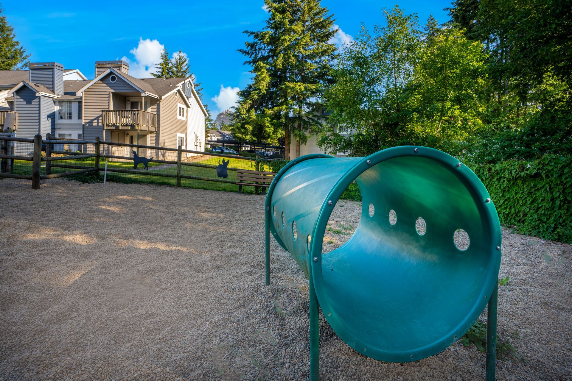 A green dog tunnel in a park with a house in the background.