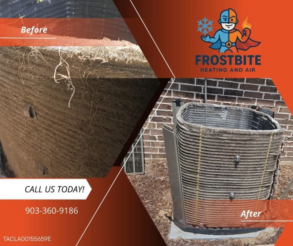 Before-and-after furnace coil cleaning ad, showing dirty coil and cleaned coil with Frostbite Heating and Air logo.