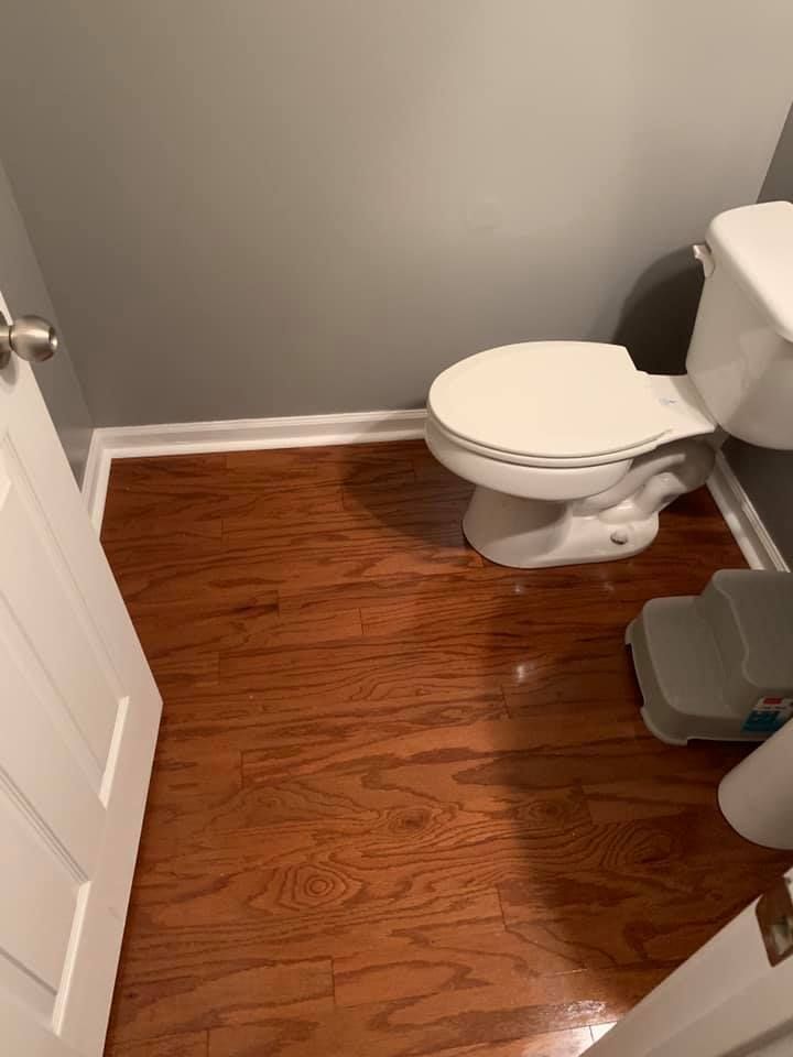 A bathroom with hardwood floors and a toilet.