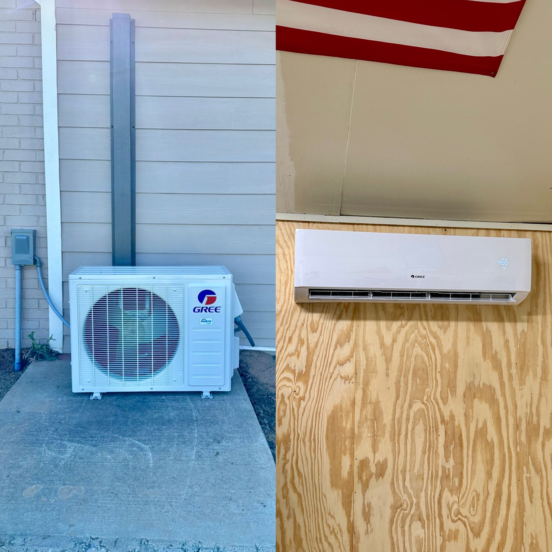 A split-system air conditioner with an outdoor compressor unit on a concrete pad and an indoor wall-mounted unit.