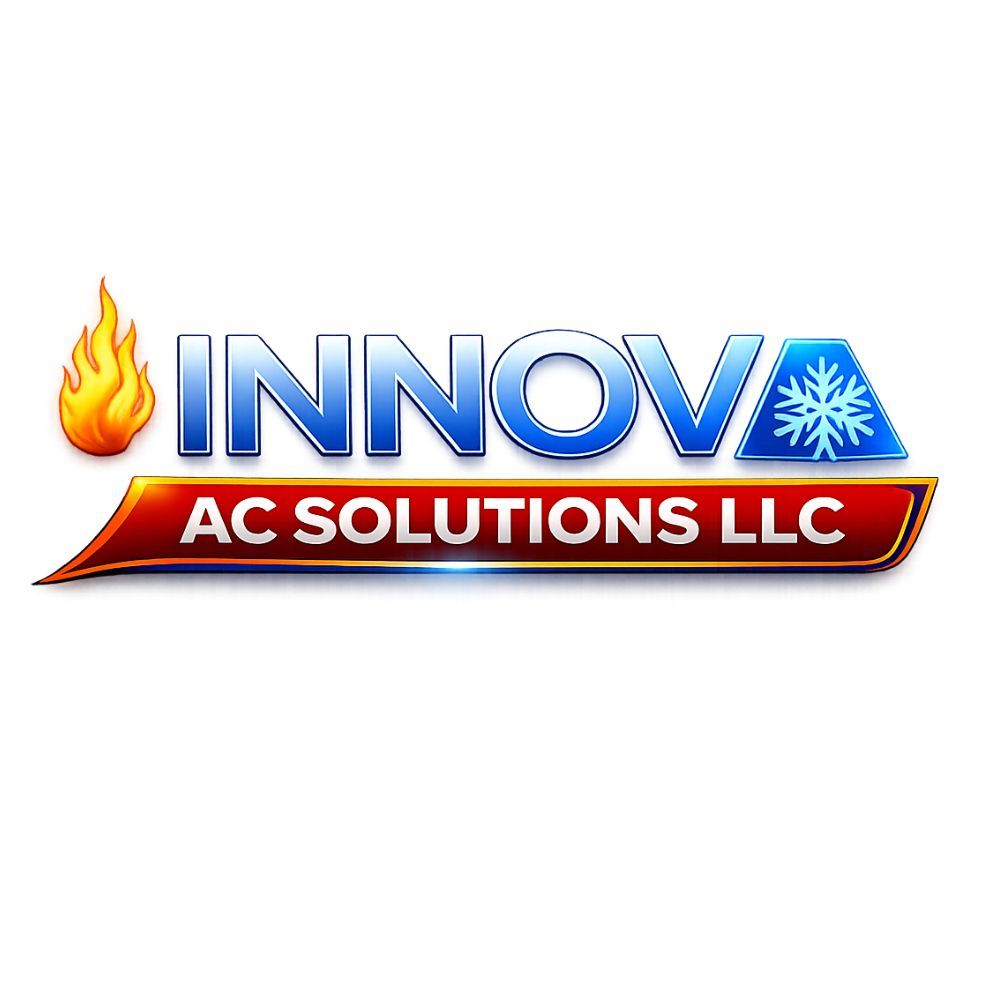 Logo for Innova AC Solutions LLC featuring a flame icon, blue text, and a snowflake icon on a red background.