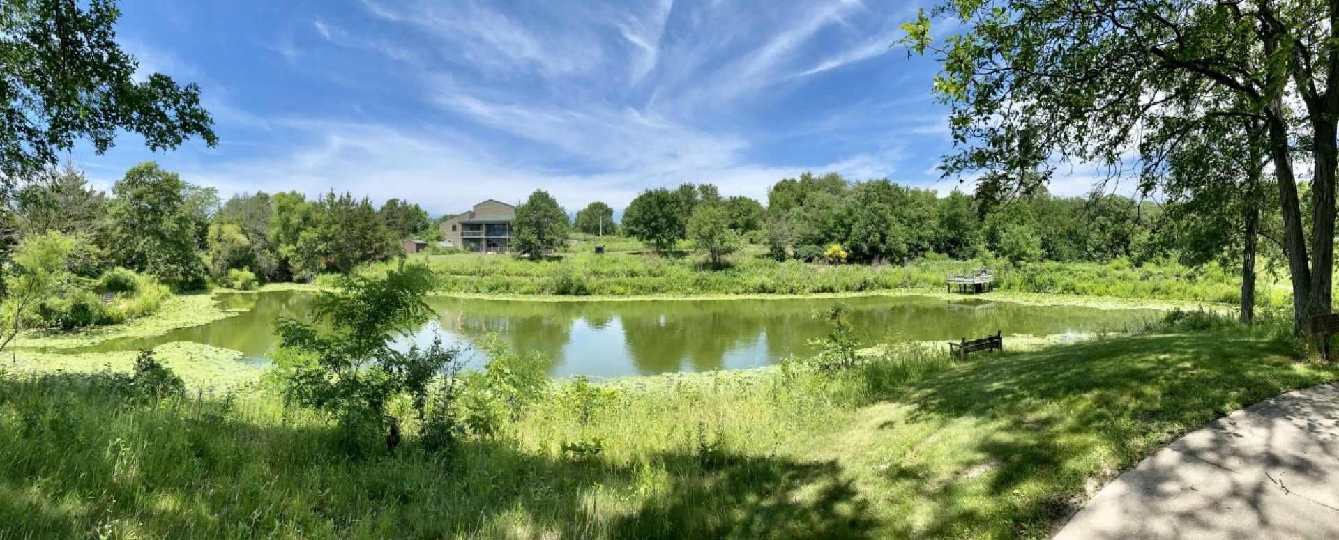 Scenic panorama of a lake with grassy foreground, lush trees, and a house under a blue sky.