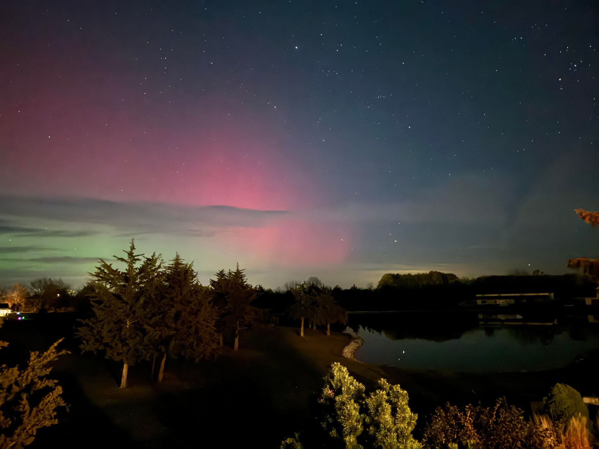 Pink and green aurora borealis lights glow in the night sky over a calm lake and silhouette trees.