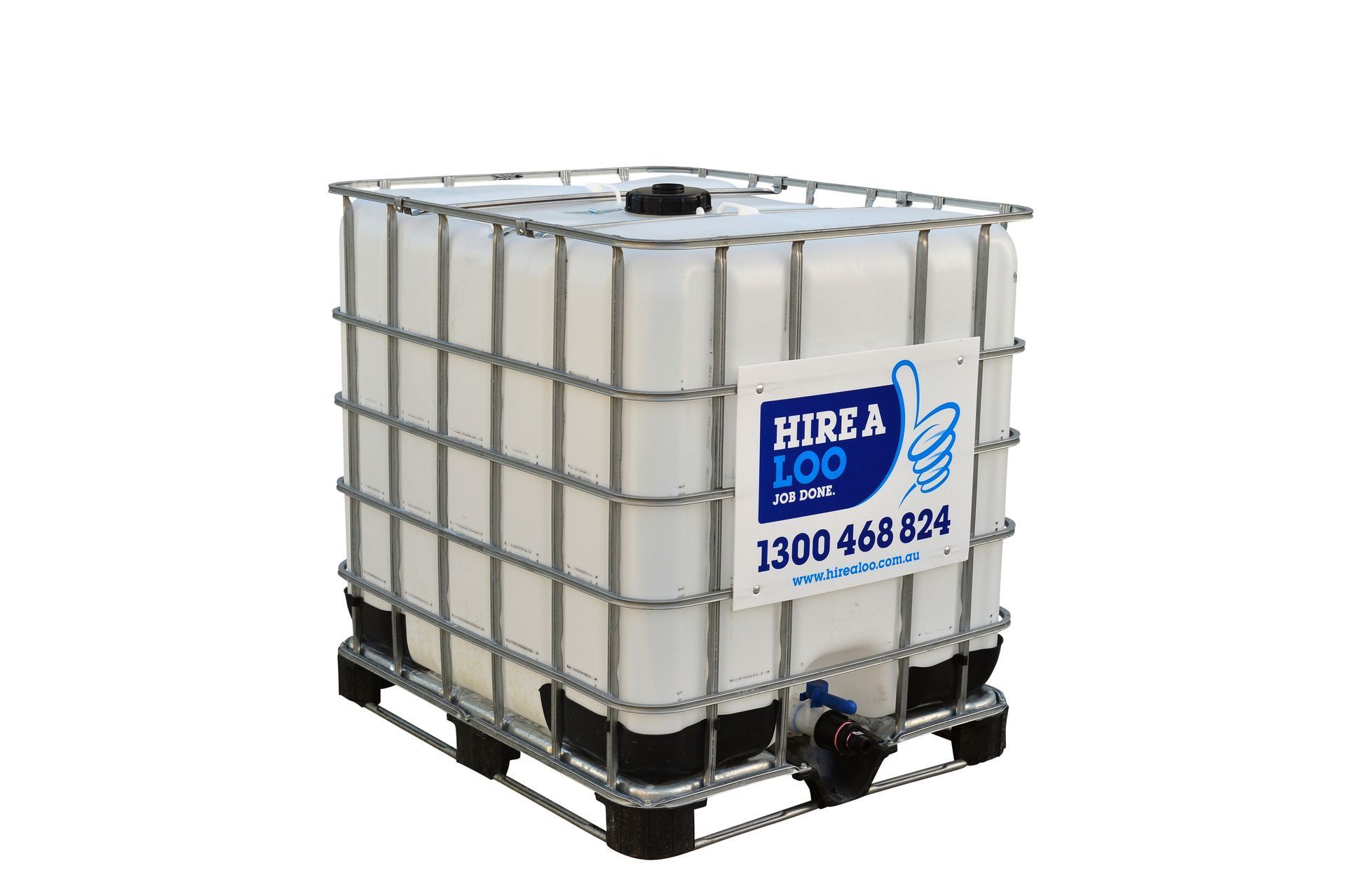 White Industrial Container Within a Metal Cage, on a Pallet — Hire A Loo in Coolum Beach, QLD
