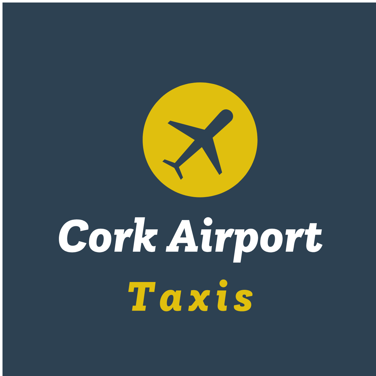 a logo for cork airport taxis with an airplane in a yellow circle .