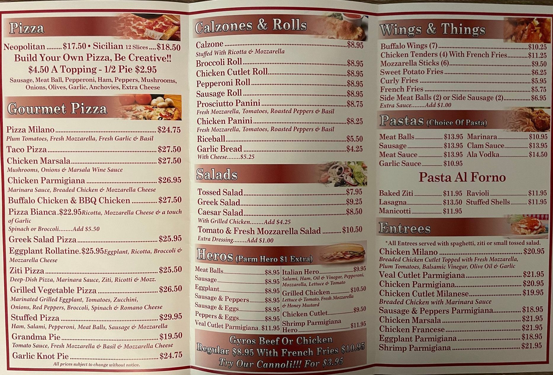 Milanos Pizza menu