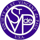 Logo for the Society of St. Vincent de Paul, a white design on a purple background with text and letters.