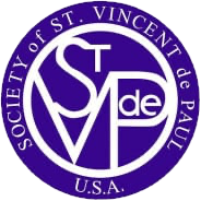 Logo for the Society of St. Vincent de Paul, a white design on a purple background with text and letters.
