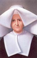 Portrait of a woman in a white bonnet and collar, wearing a black garment, with a serious expression.