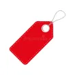Red price tag with string loop, against a white background.