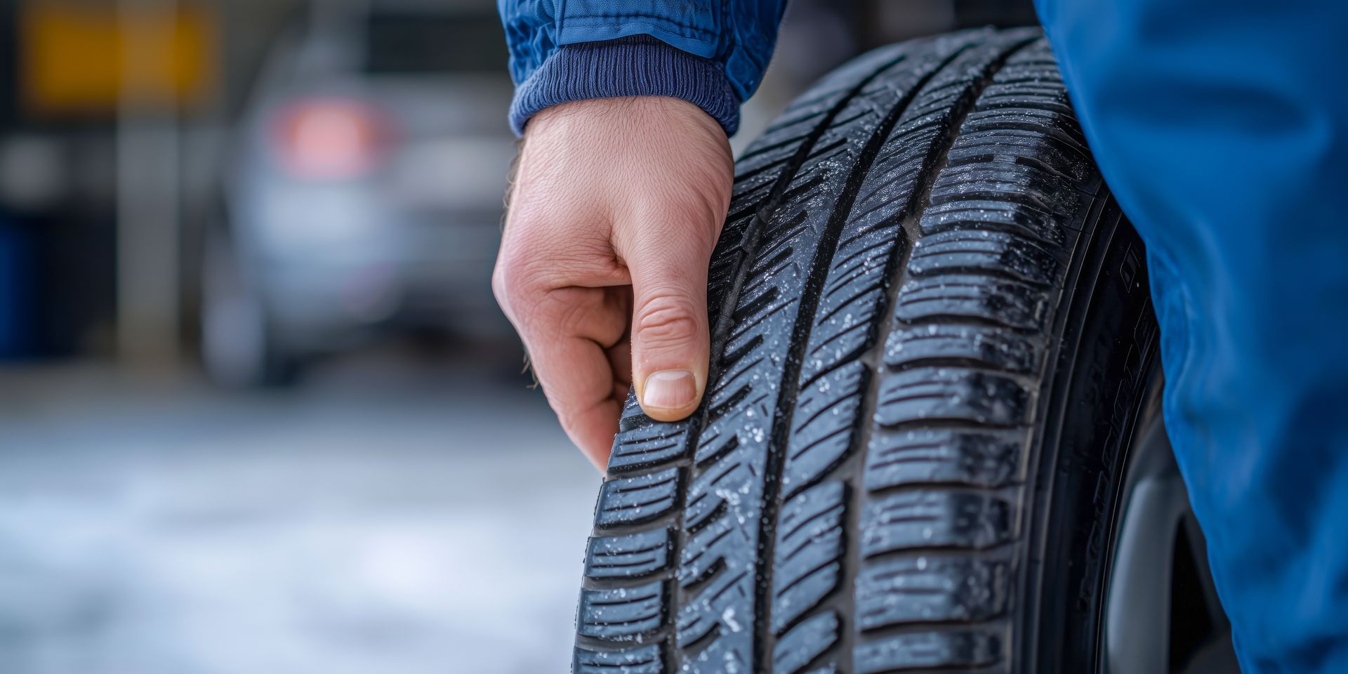 A person's hand holding a car tire. In the background, there is a car inside a garage. | SafeCar Auto Repair of Lancaster