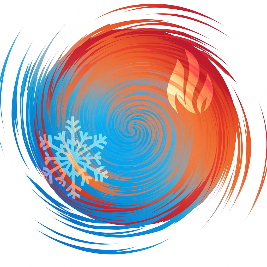 Abstract design with swirling blue and red colors. Snowflake and flame icons.