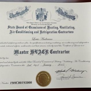 HVACR Master Contractor certificate from the State of New Jersey, issued in 2015.