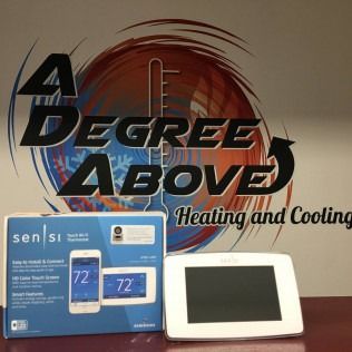 Thermostat and box in front of a logo for 