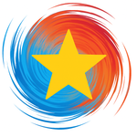 Yellow star in the center of a swirling red and blue design.