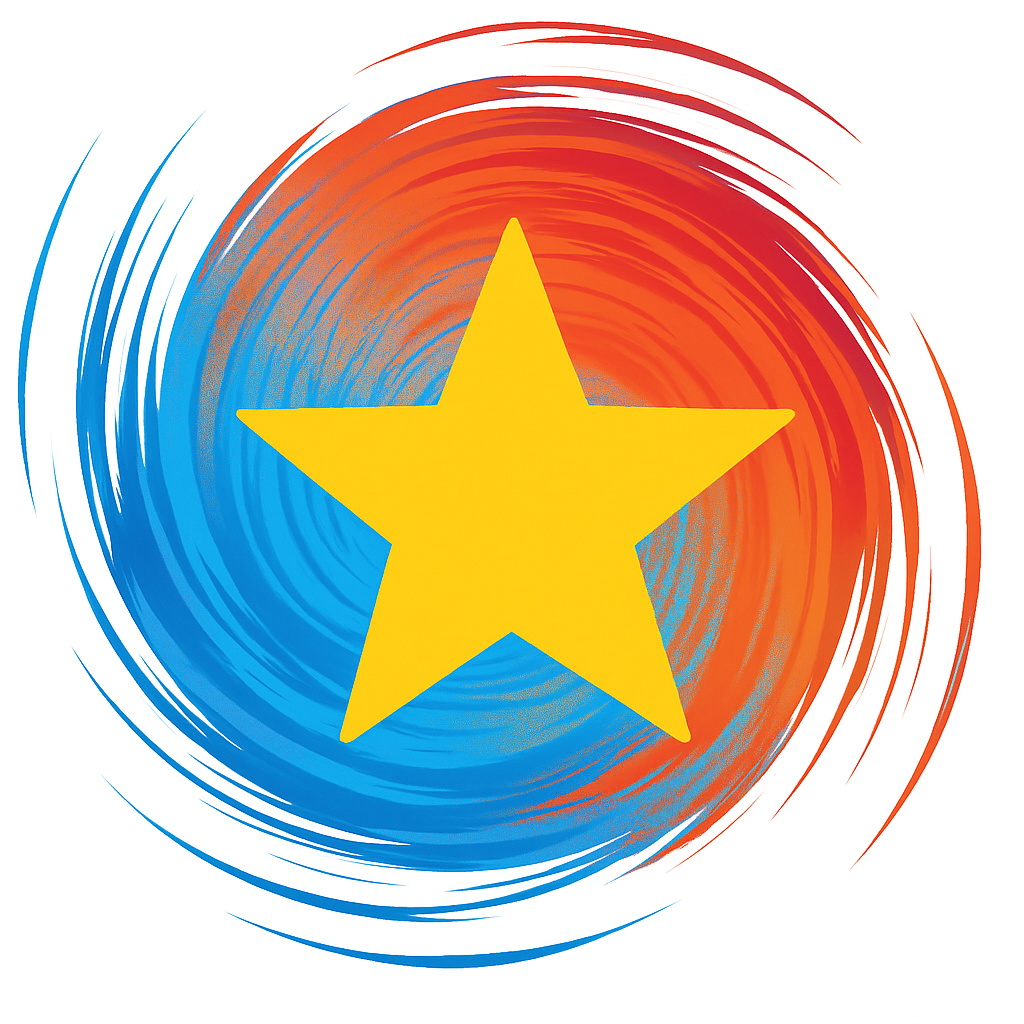 Yellow star in the center of a swirling red and blue design.