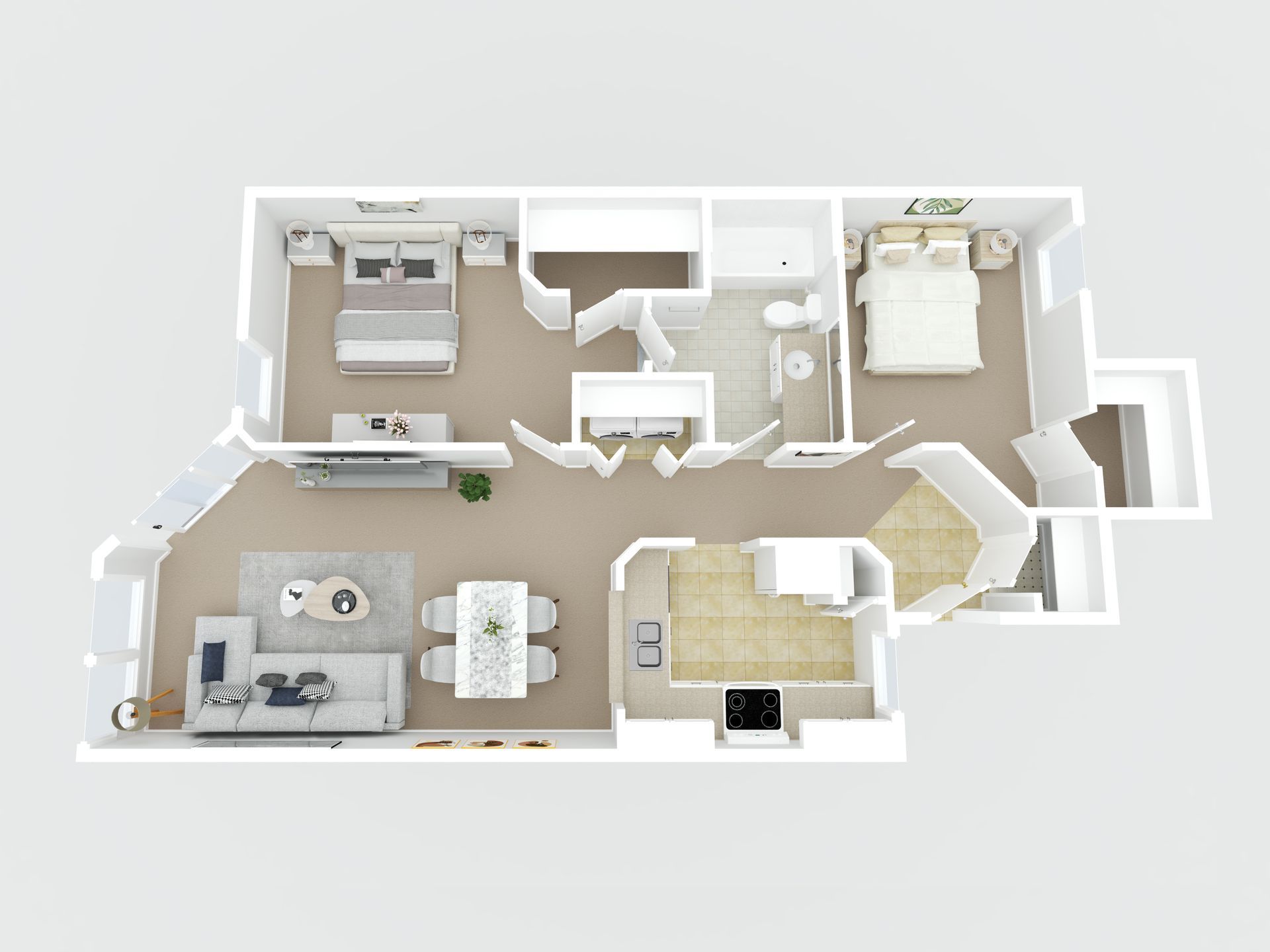 A 3d floor plan of a house with a living room , dining room , bedroom and bathroom.