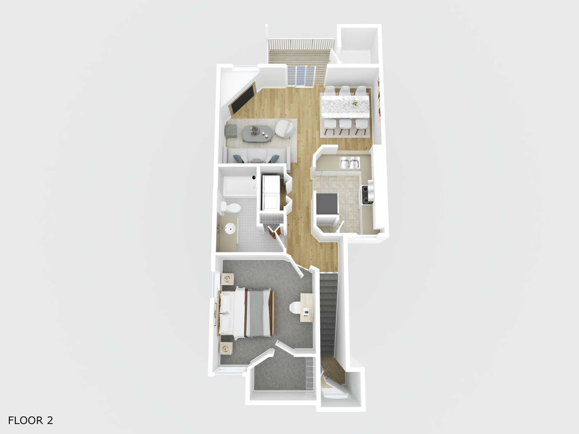A 3d floor plan of a house with a bedroom , living room , and kitchen.