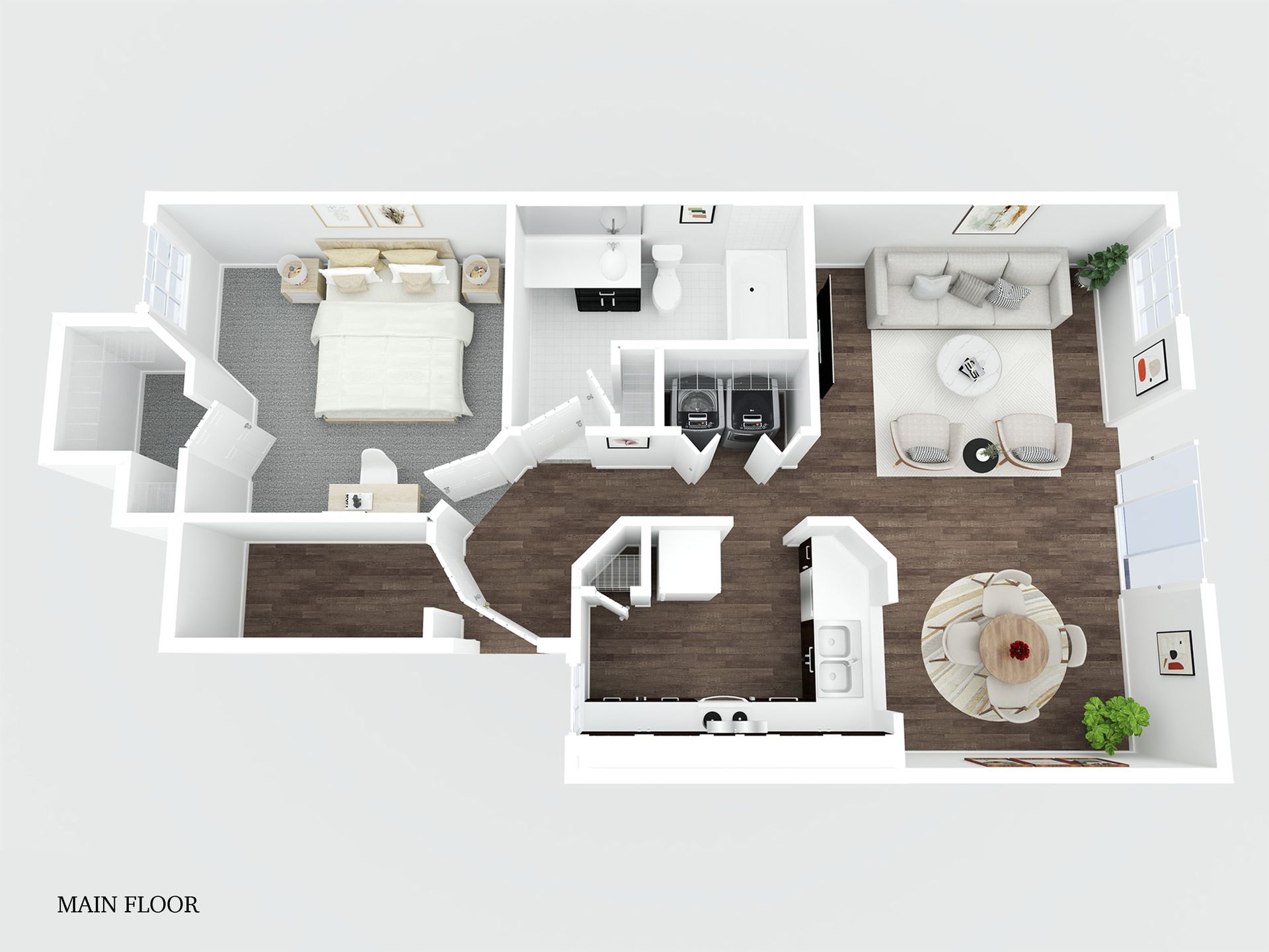 A 3d floor plan of a house with a bedroom , living room , and kitchen.