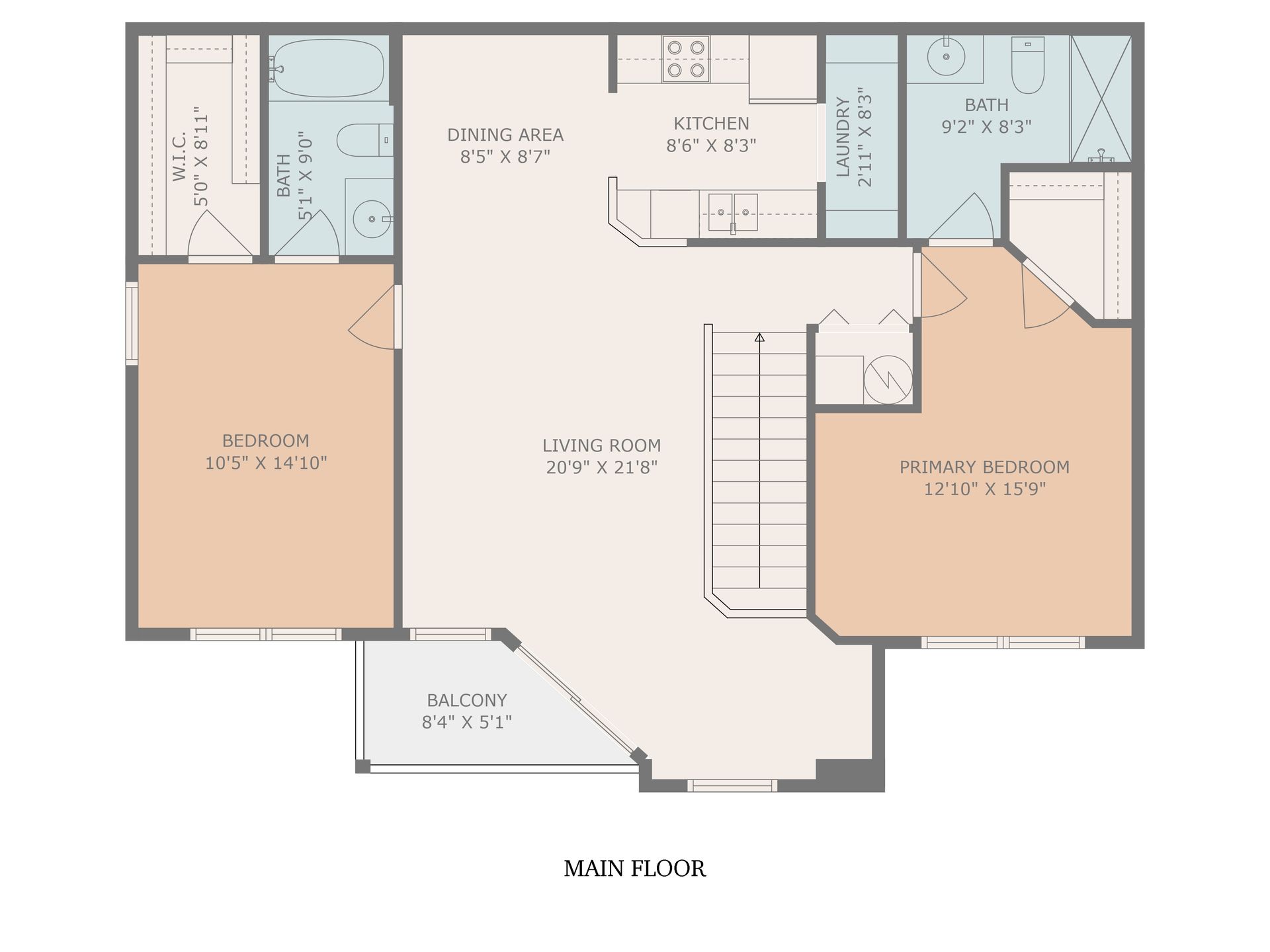 A floor plan of a house with a balcony and stairs.