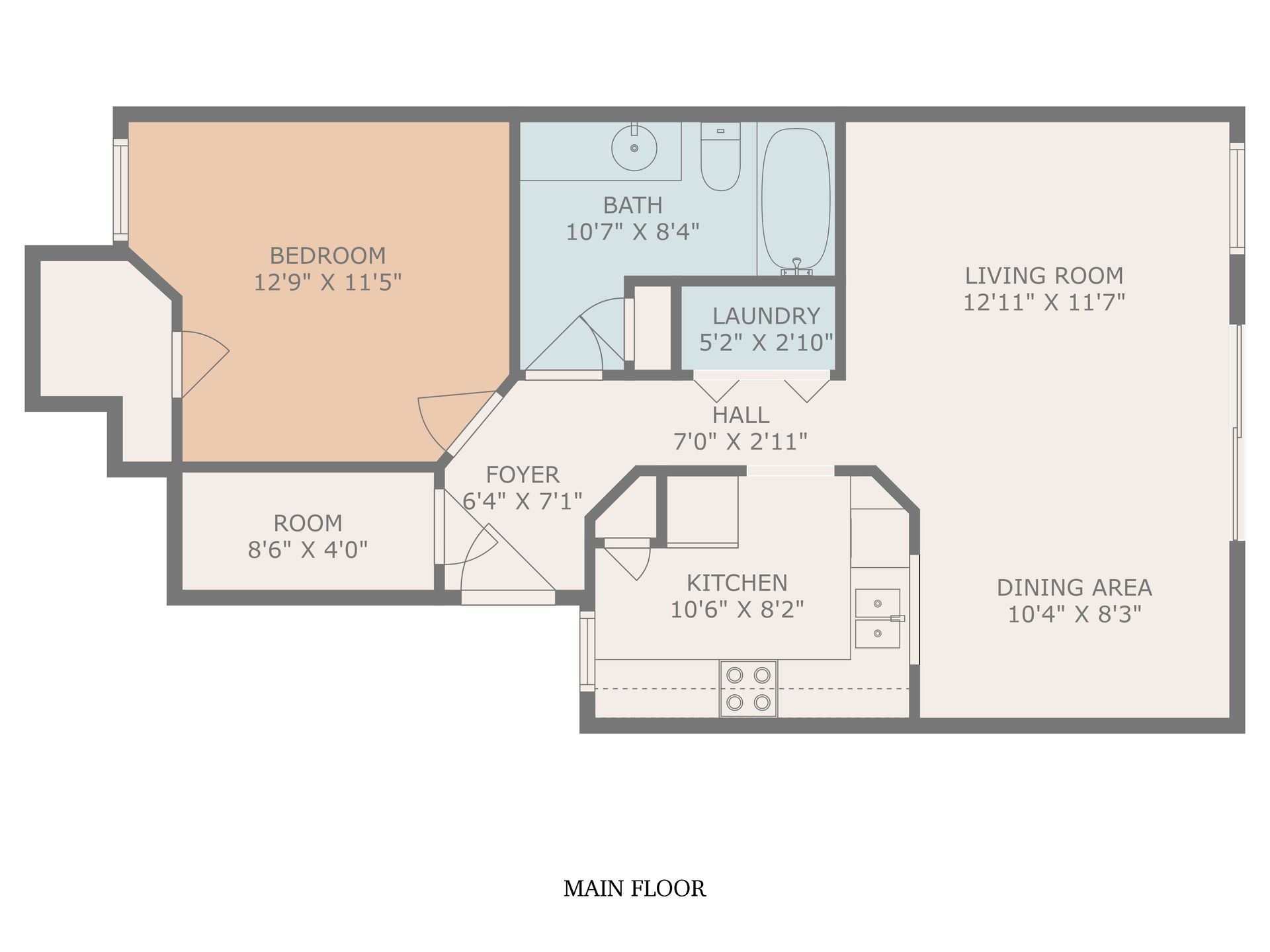 A floor plan of a house with two bedrooms and a bathroom.