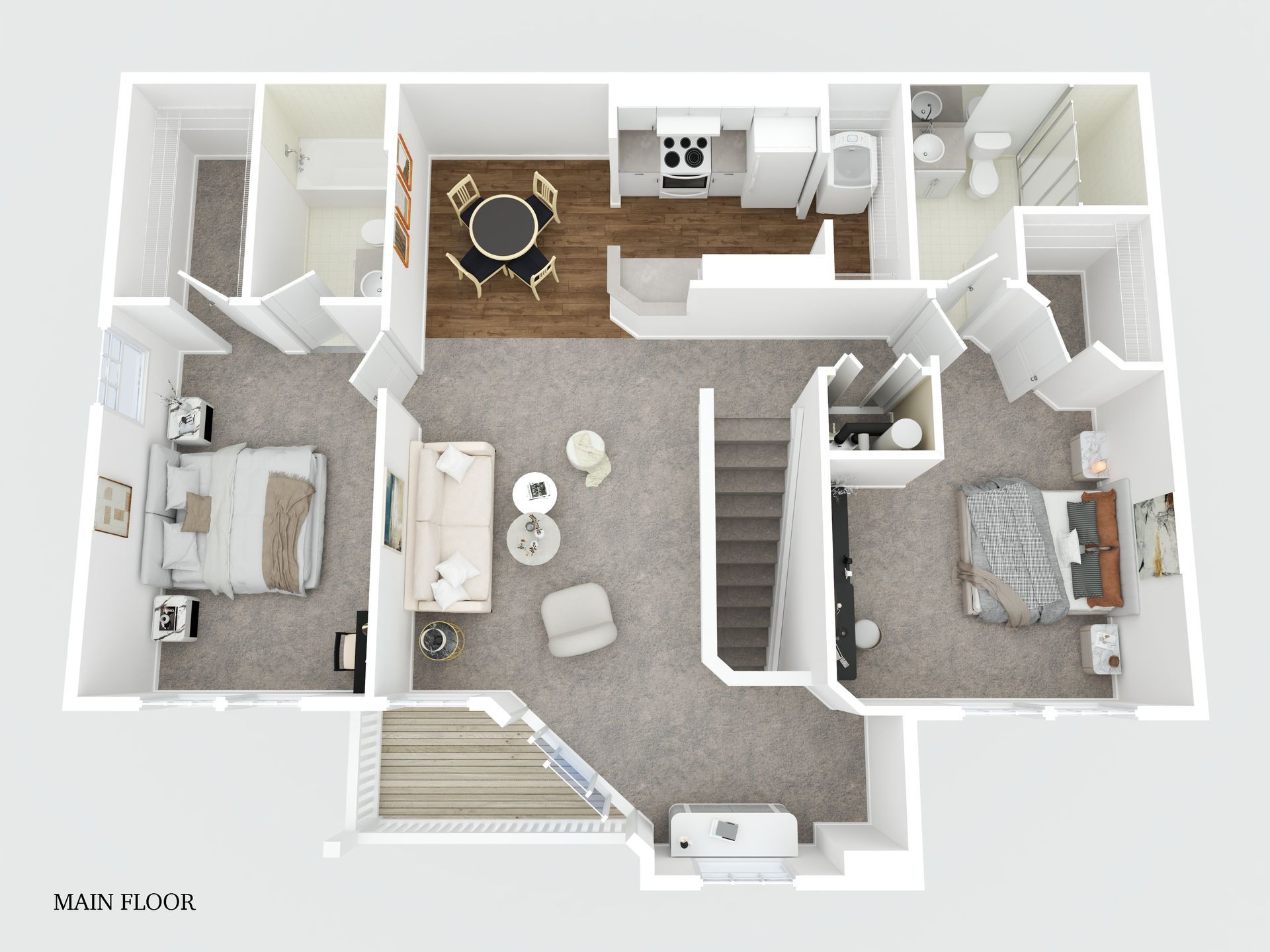 A 3d floor plan of a house with two bedrooms and a staircase.