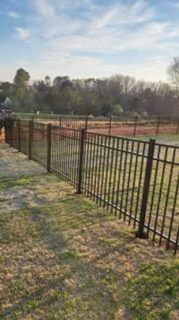 A metal fence surrounds a grassy field with trees in the background.