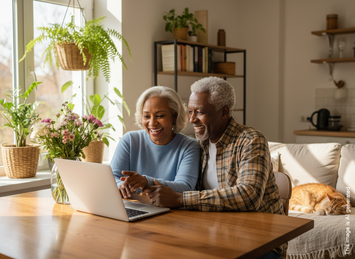 Couple looking at laptop screen in a bright room, smiling. A cat rests nearby.