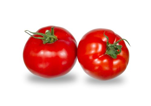 Twee rijpe rode tomaten met groene steeltjes.