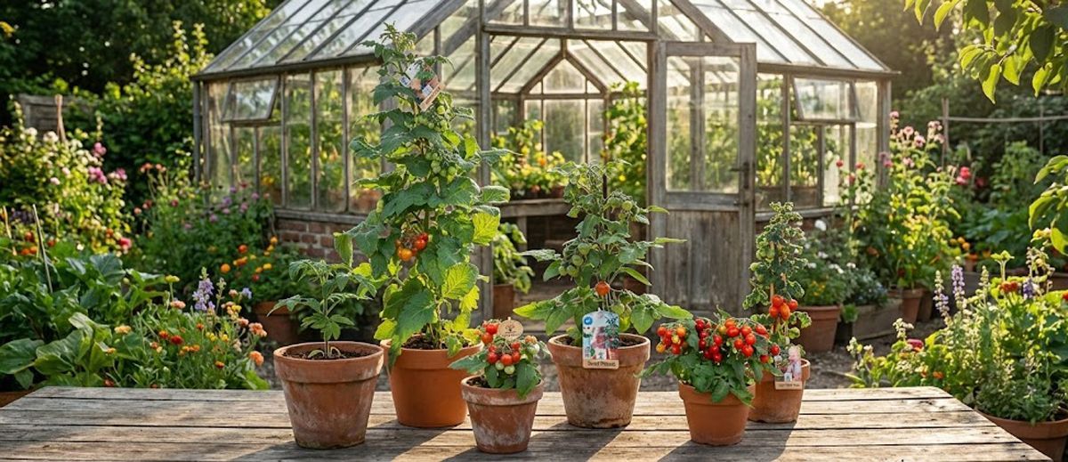 Vrouw plant tomatenplanten in een moestuin, kas en huis op de achtergrond.