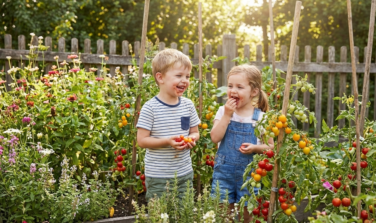 Tomatenplanten met rode en groene vruchten groeien tegen een houten constructie.