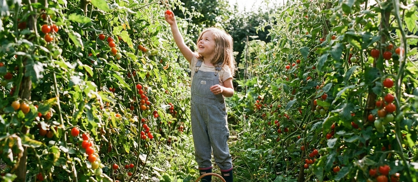 Kind in gestreepte jumpsuit dat cherrytomaten plukt van een tomatenplanten in een moestuin.