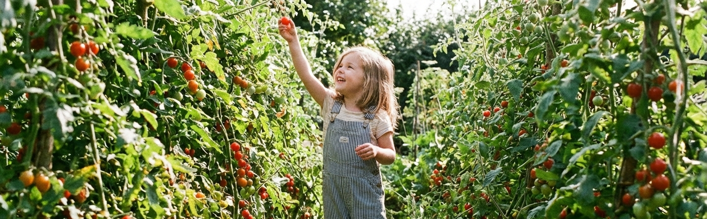 Een meisje plukt cherrytomaten buiten in een moestuin. Ze draagt ​​een gestreepte jurk en lacht terwijl ze het tomaten plukt.