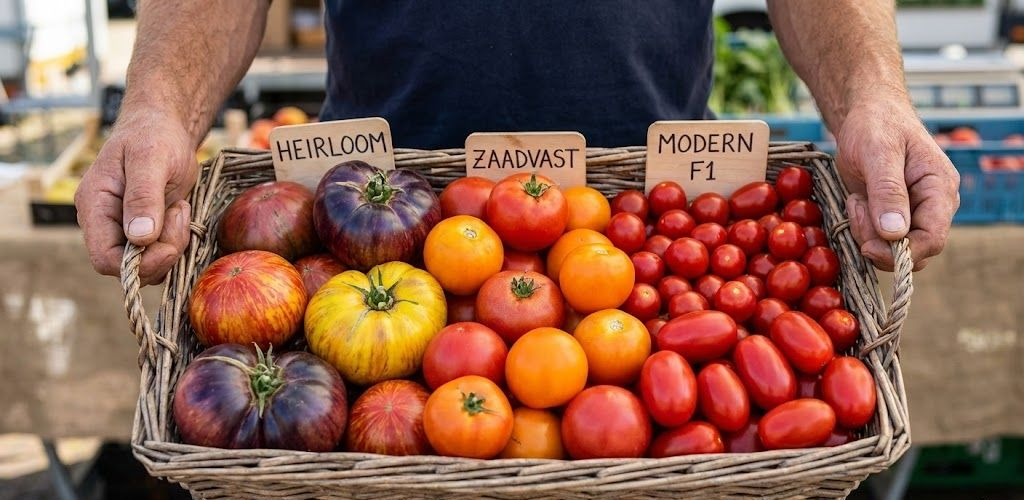 Kind met een vergiet gevuld met rijpe rode tomaten en oranje paprika's in de buitenlucht.