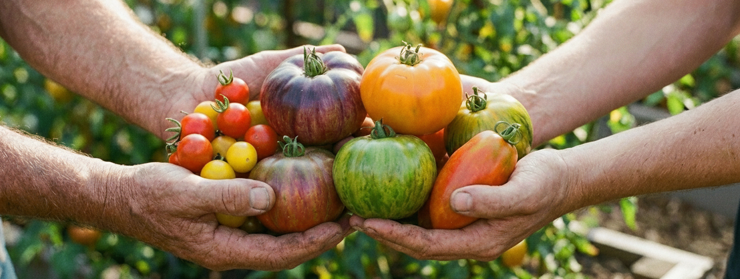 Een hand die een langwerpige, groene en rode tomaat aan de tros vasthoudt.