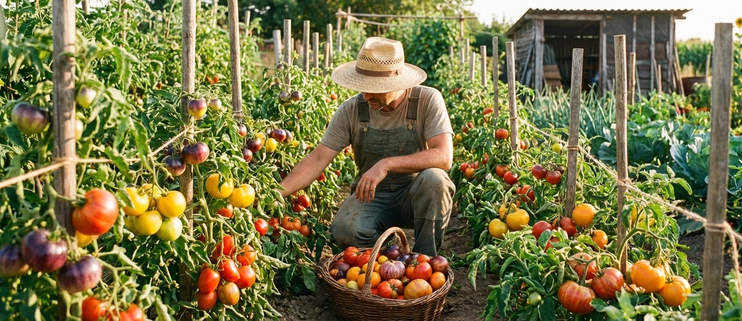 Een persoon in een overall en strohoed plukt kleurrijke tomaten in een moestuin die vol staat met buitentomaten. Een mand met de lekkerste tomaten staat ervoor.