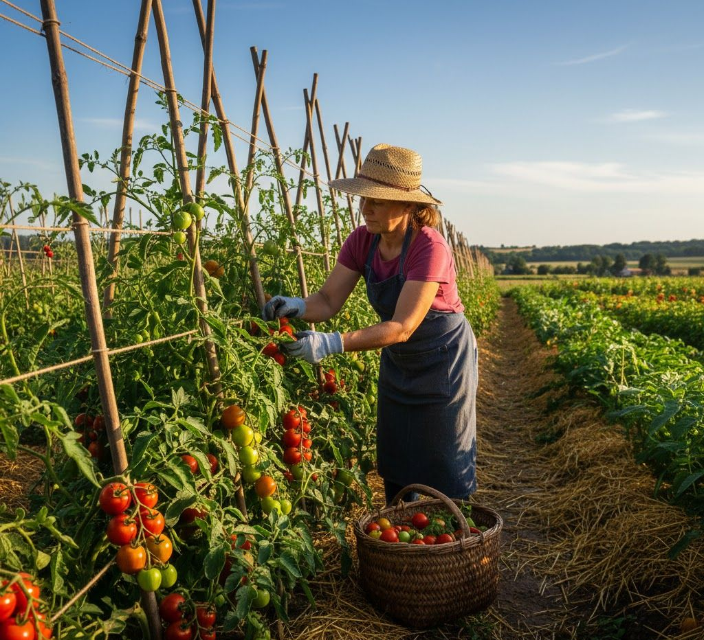 Tomatenplant met rijpe tomaten in verschillende stadia, ondersteund door een spiraalvormige stok en klem.